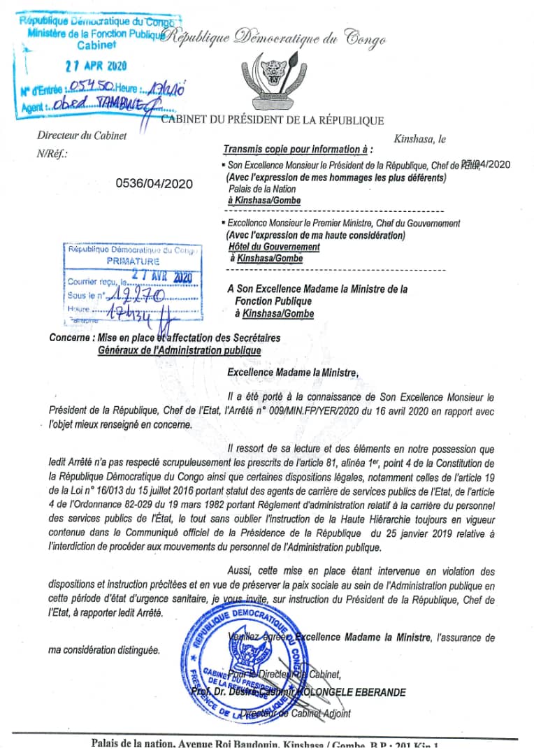 RDCMise en place et affectation des secrétaires généraux de l